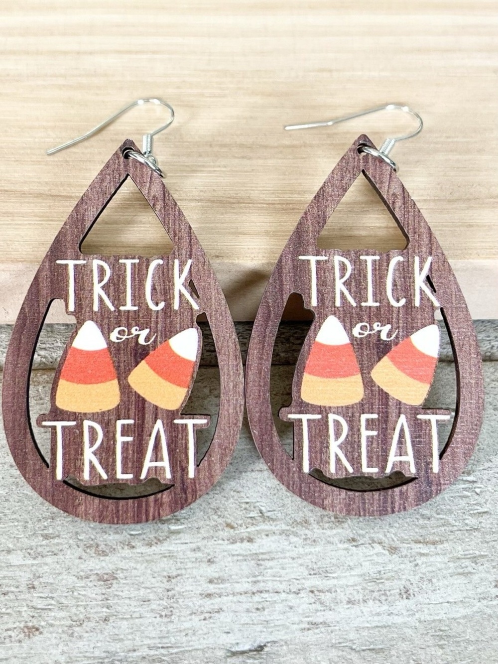Halloween Teardrop Wood Earrings - Brown Candy Corn Design